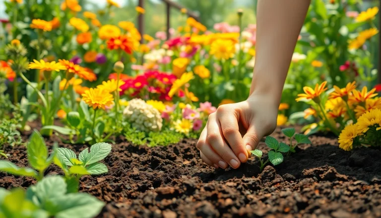 Gardening hands planting seeds in rich soil surrounded by vibrant plants and flowers.