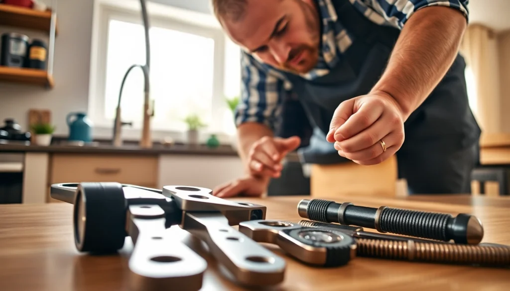 Plumber from https://speedyservicestoday.com.au repairing pipes in a bright kitchen setting.