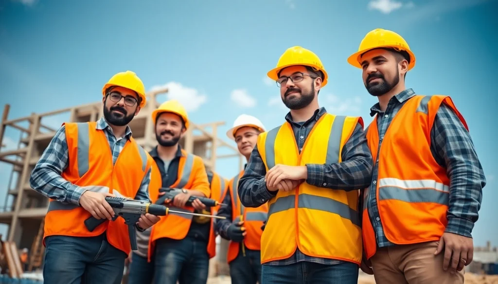 Showcasing careers in construction, workers skillfully collaborating on-site with tools in hand.