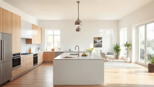 Home renovation showcasing a modern kitchen and living room with bright, natural lighting.