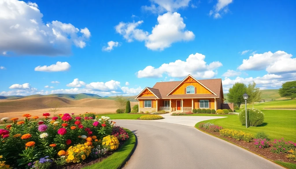 Showcasing a charming real estate home with lush gardens and sunny skies, inviting potential buyers