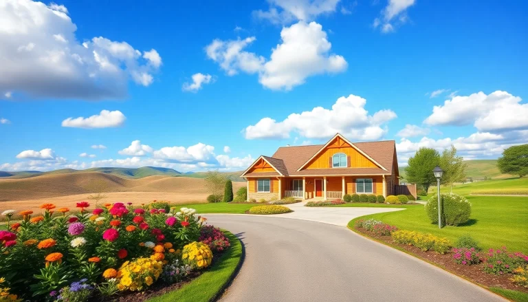 Showcasing a charming real estate home with lush gardens and sunny skies, inviting potential buyers