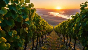 Discover the scenic vineyards in Carksburg CA set against the backdrop of a vibrant sunset.
