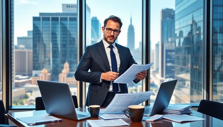 Businessman analyzing financial reports in a modern office, illustrating professional success.