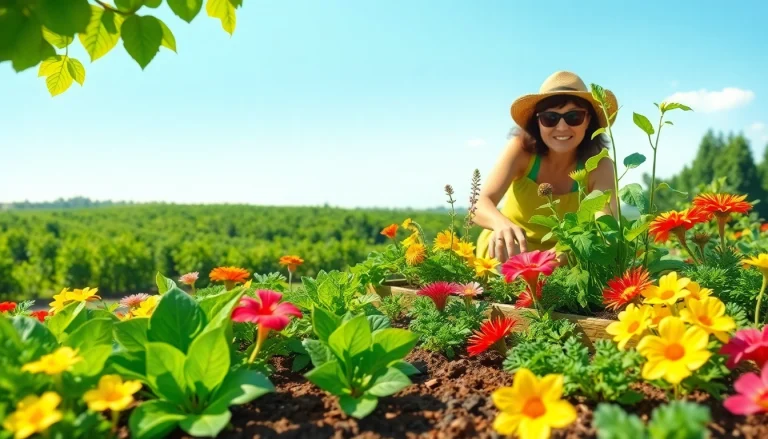 Gardening scene featuring a gardener nurturing plants, showcasing vibrant greenery and colorful flowers.