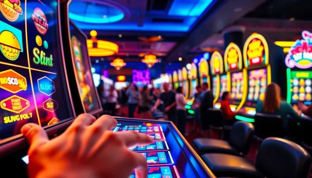 Menggambarkan suasana perjudian petanitoto yang ceria dengan mesin slot dan pemain yang bersemangat.