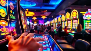 Menggambarkan suasana perjudian petanitoto yang ceria dengan mesin slot dan pemain yang bersemangat.