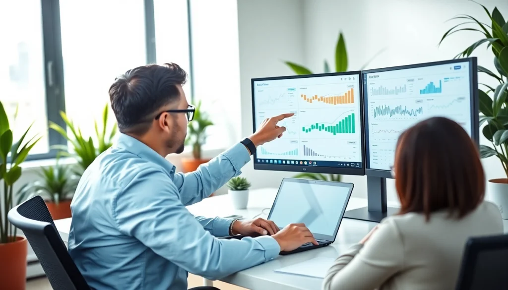 Illustration of a professional SEO consultant analyzing website metrics with a client, highlighting SEO strategies.