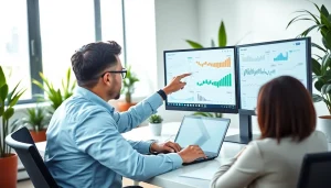 Illustration of a professional SEO consultant analyzing website metrics with a client, highlighting SEO strategies.