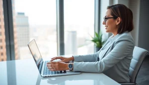 Business coach near me engaged in a video call in a modern workspace.