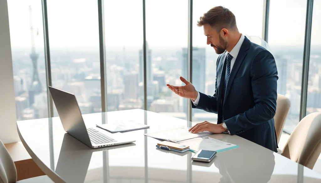 Real Estate agent negotiating deal in bright office with city view.