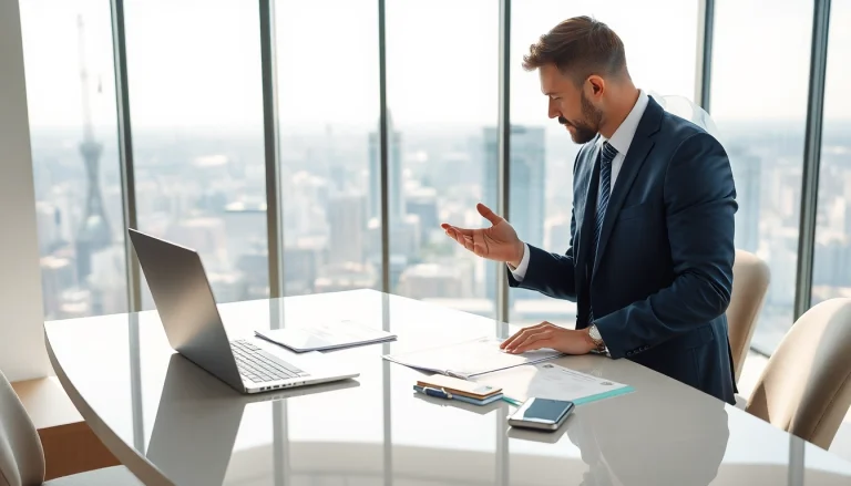 Real Estate agent negotiating deal in bright office with city view.