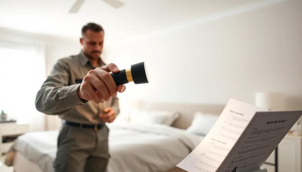 Inspecting for bed bugs with expertise at https://affordablebedbugexterminators.com in a bright, clean bedroom.