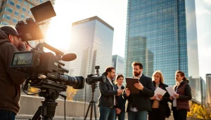 Showcasing a Video Production Company Calgary team filming in an urban setting with vibrant cityscapes.