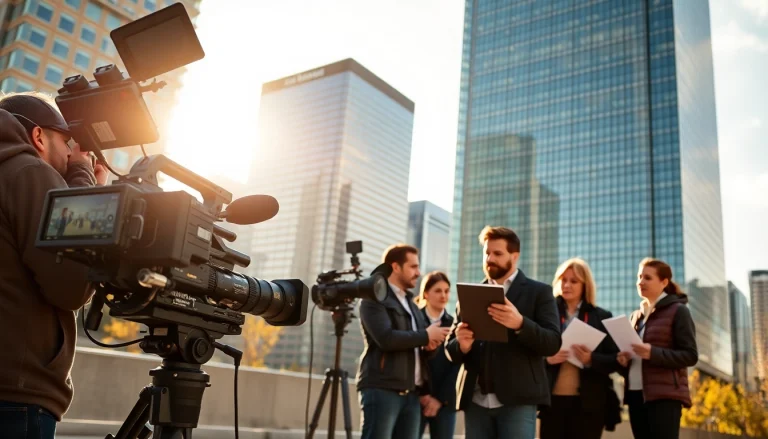 Showcasing a Video Production Company Calgary team filming in an urban setting with vibrant cityscapes.