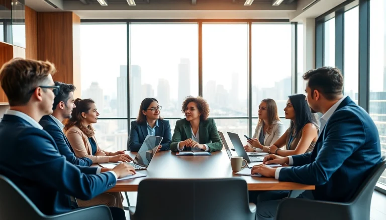 Engaging business professionals collaborating during a meeting in a bright office setting