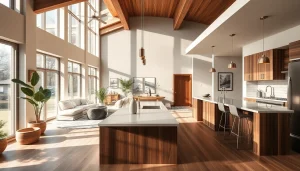 Home renovation showcasing a modern kitchen and cozy living area in a beautifully designed interior.