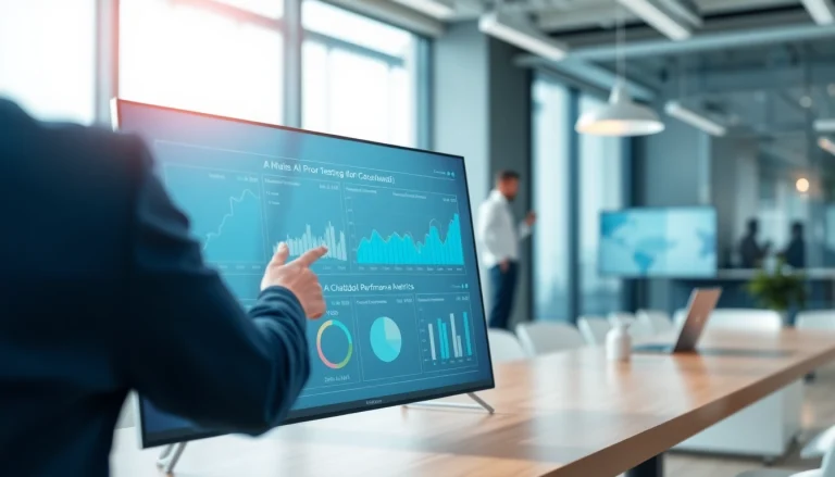 Engage with features on https://benchbot.ai showcasing AI testing metrics in a modern office setting.