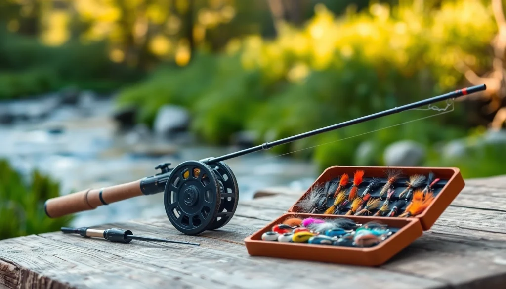 Showcasing a fly fishing kit with colorful flies and fishing gear on a wooded table.