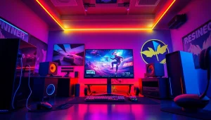 Menggambarkan pengalaman permainan ungu toto dengan pengaturan permainan modern dan pencahayaan LED.