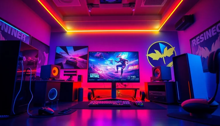 Menggambarkan pengalaman permainan ungu toto dengan pengaturan permainan modern dan pencahayaan LED.