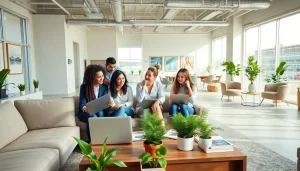 Real Estate agents collaborating in a modern office environment with natural light.