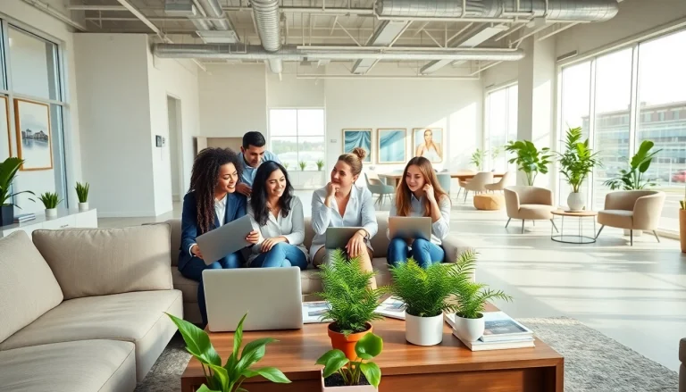 Real Estate agents collaborating in a modern office environment with natural light.