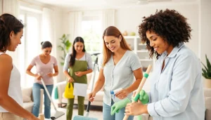 Cleaning service team efficiently organizing a bright, clean living room space.