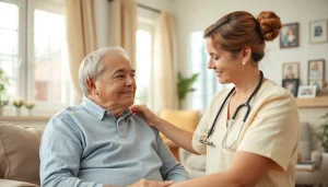 Engaging caregiver providing in home care austin tx to an elderly client in a warm living space.