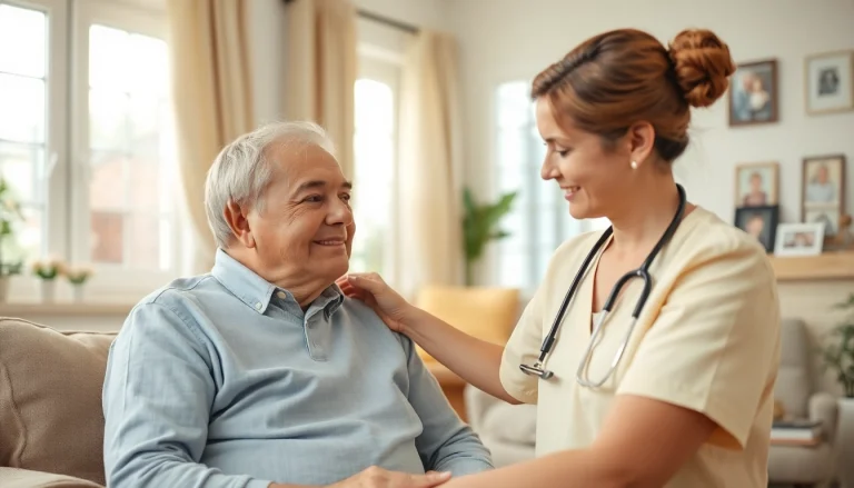 Engaging caregiver providing in home care austin tx to an elderly client in a warm living space.