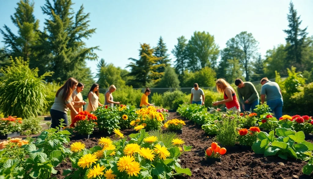 Gardening enthusiasts actively engaging in a vibrant community garden filled with colorful plants.