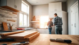 Visualize a dynamic home renovation focusing on a modern kitchen upgrade featuring craftsmen at work.