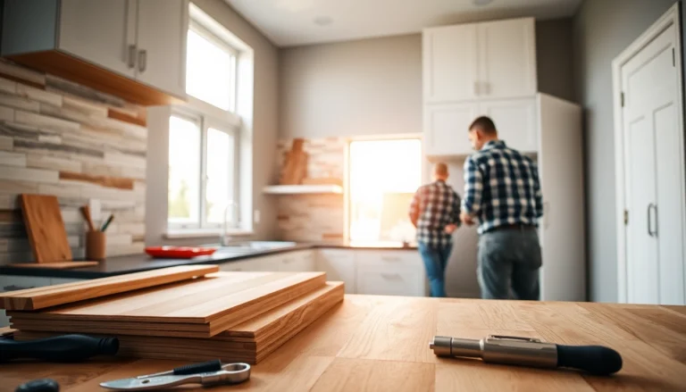 Visualize a dynamic home renovation focusing on a modern kitchen upgrade featuring craftsmen at work.