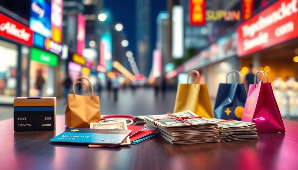 카드현금화 방법들을 보여주는 다채로운 아이템들, 현금과 카드가 중심을 이룬 배경