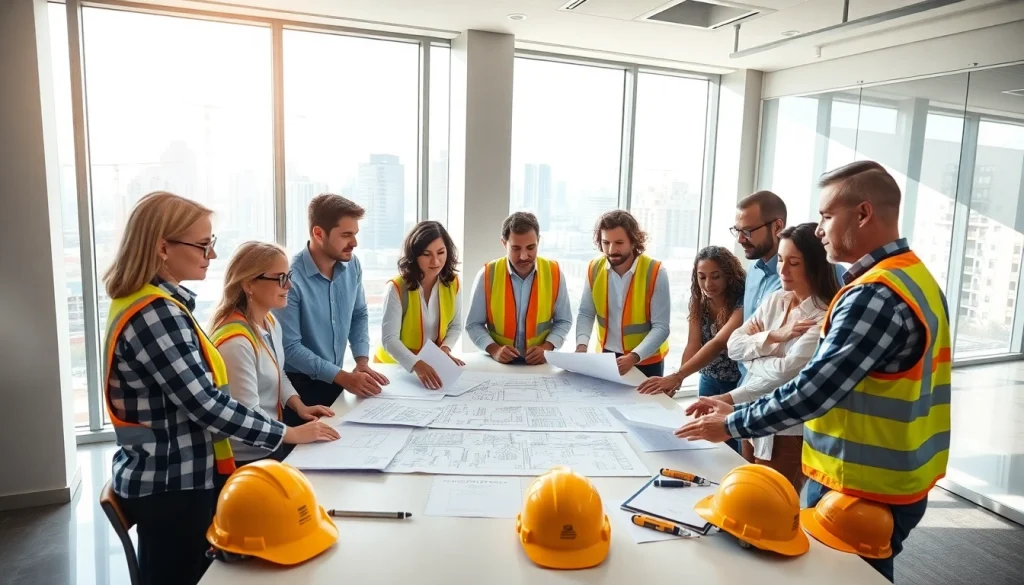 Engaged teamwork in a construction association south carolina meeting, discussing plans and blueprints.