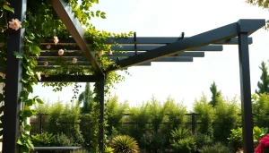Enhance your outdoor space with a modern steel pergola featuring vibrant greenery and sleek design.