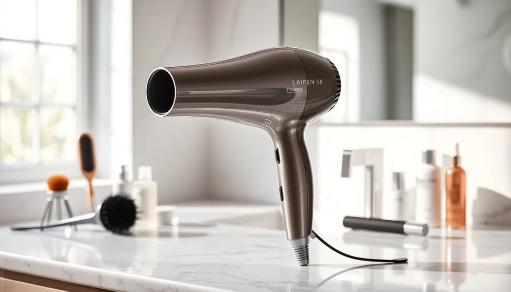 The Laifen SE hair dryer showcases sleek design against a modern bathroom backdrop.