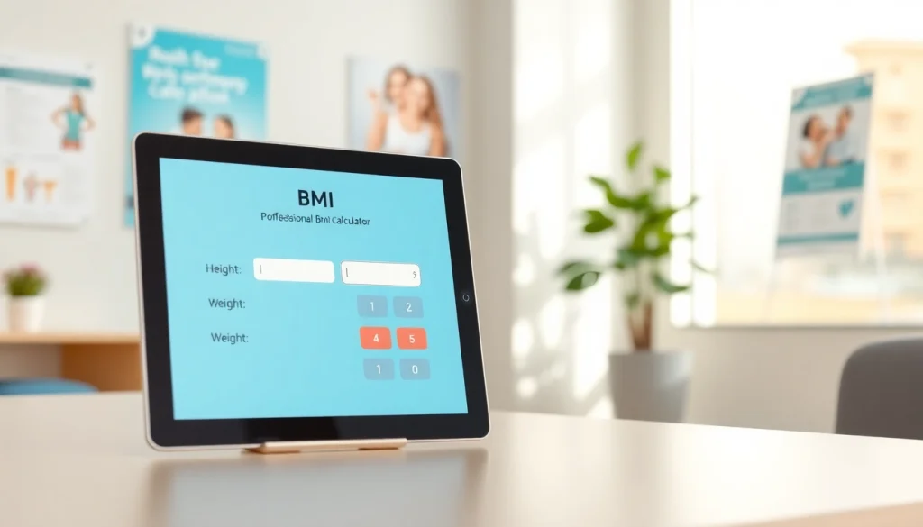 Calculate your BMI with an interactive bmi calculator on a tablet in a modern health clinic setting.