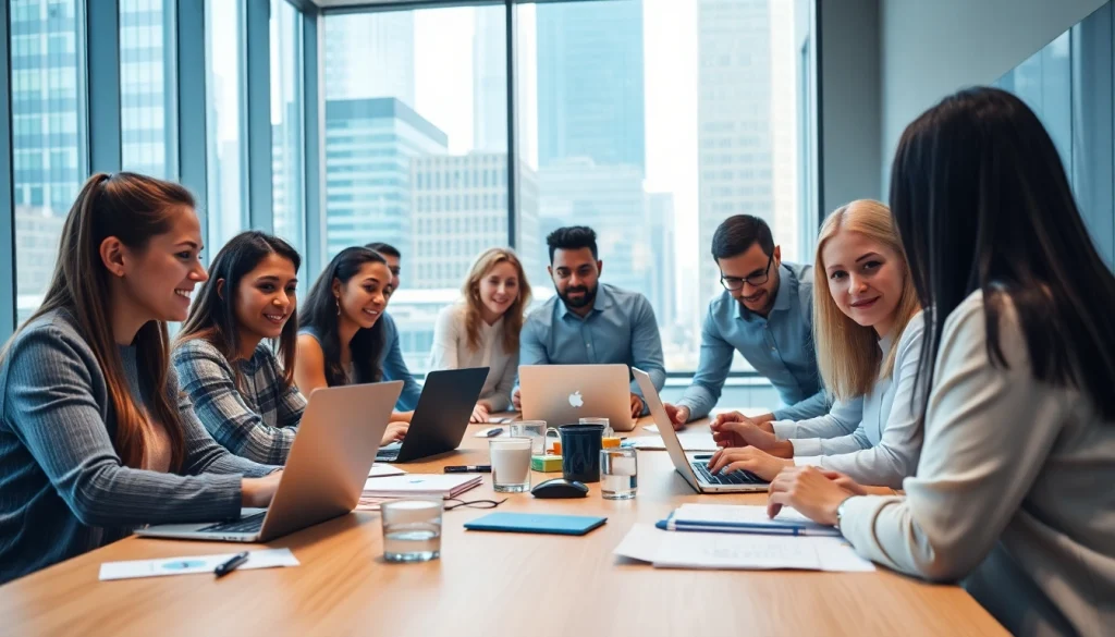 Agency team brainstorming in a modern workspace with diverse professionals.