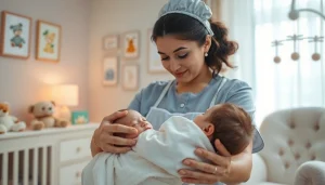 infant care maid tenderly watching over a sleeping baby in a cozy nursery setting