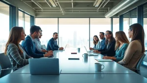 Agency team collaborating in a bright office setting with modern design elements.