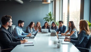 Engaged professionals in a business meeting, showcasing collaboration and creativity.