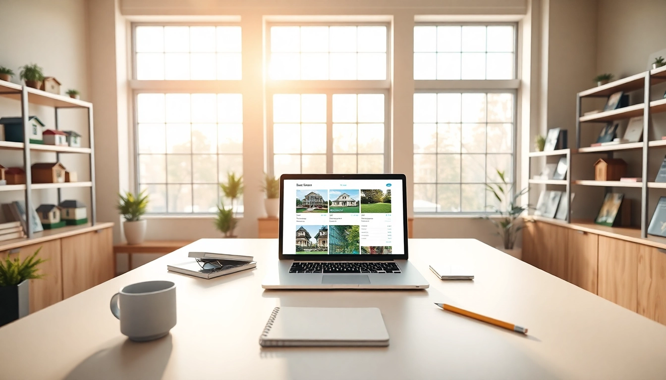 Real Estate office showcasing a professional workspace with home listings and a welcoming atmosphere.