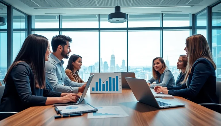 Business professionals collaborating in a modern office environment, emphasizing teamwork.