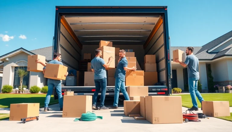 Efficient Interstate Removalists Shellharbour team moving furniture and boxes outside a modern house.