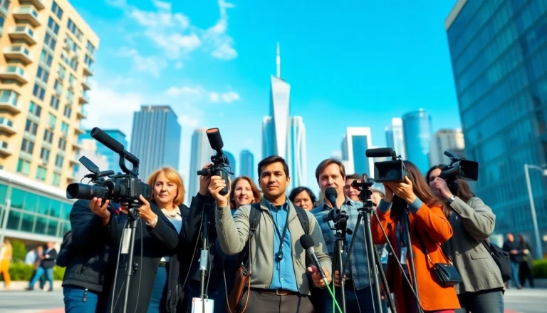 Engaged journalists capturing news stories at https://news-parade.com.ua in a vibrant city setting.