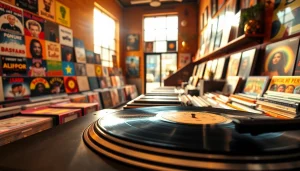Captivating scene to buy vinyl india showcasing vibrant records in an inviting store.