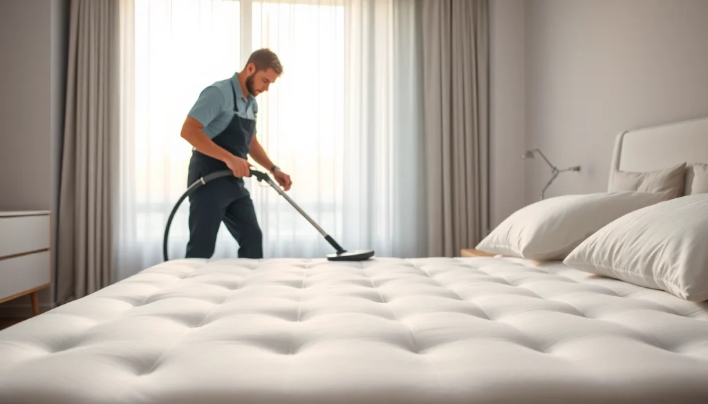 Efficient mattress cleaning Dubai service demonstrated by a technician in a bright bedroom environment.