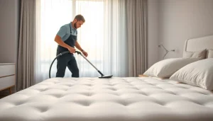 Efficient mattress cleaning Dubai service demonstrated by a technician in a bright bedroom environment.