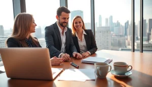 Engaging real estate consultation showcasing clients with an agent in a bright office setting.